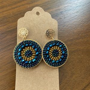 Blue beaded and gold earrings